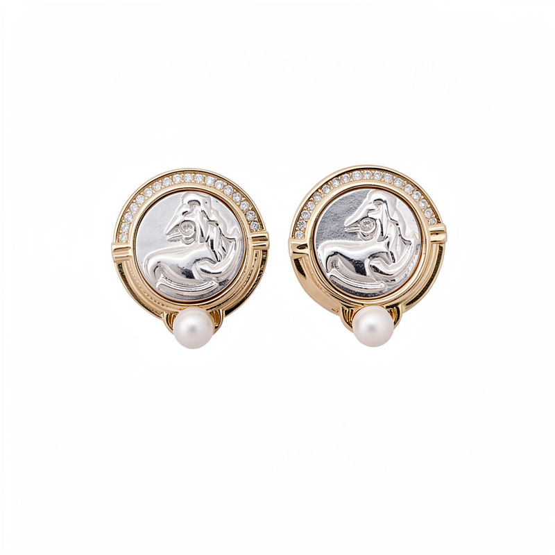 Medieval vintage de piedra de diamante redonda cabeza de caballo perlas pendientes de perla temperamento simple pendientes de lujo ligero de alta sensación de perlas image 6