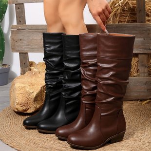 European Cross-Border Large Size Flats Mid-Calf Boots 2025 Autumn and Winter New Round Toe Pleated High Knight Boots for Women