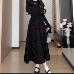 2025早秋新款千金小黑裙公主连衣裙女配大衣内搭半高领蓬蓬裙子女