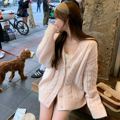 2025新型レディーピンクvネックセーターコート女性春モデルゆるい怠惰な麻花ニットカーディガン