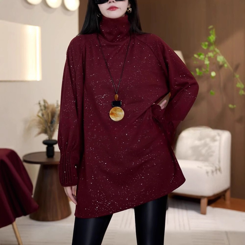 1.0-150kg Plus Size Women's Sequin T-Shirt Long Sleeve High Neck Thermal Base Layer 2026 Spring and Autumn Inner Top