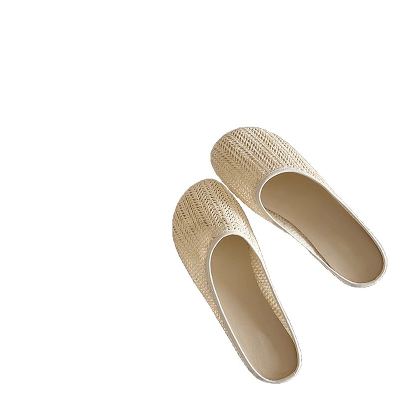 Vacaciones en Bangkok ~ Zapatillas de puntera transpirables tejidas retro para mujer, zapatillas de playa de suela blanda de verano