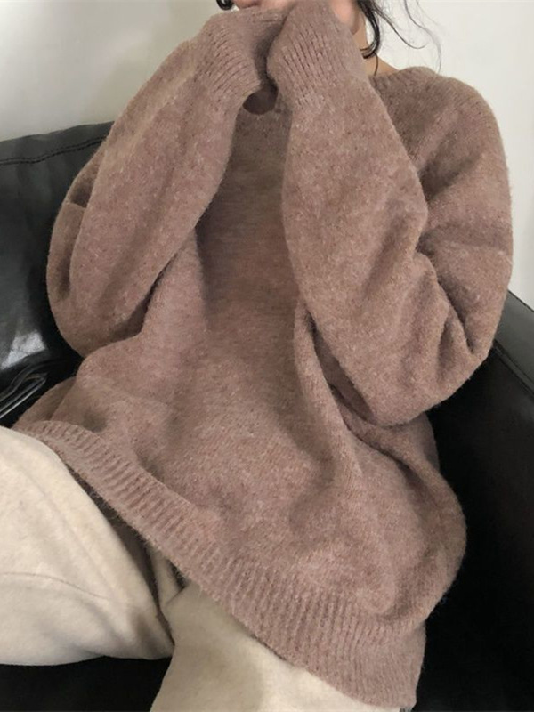 跨境韩系慵懒圆领毛衣女秋冬新款宽松显瘦打底套头内搭针织衫上衣|undefined