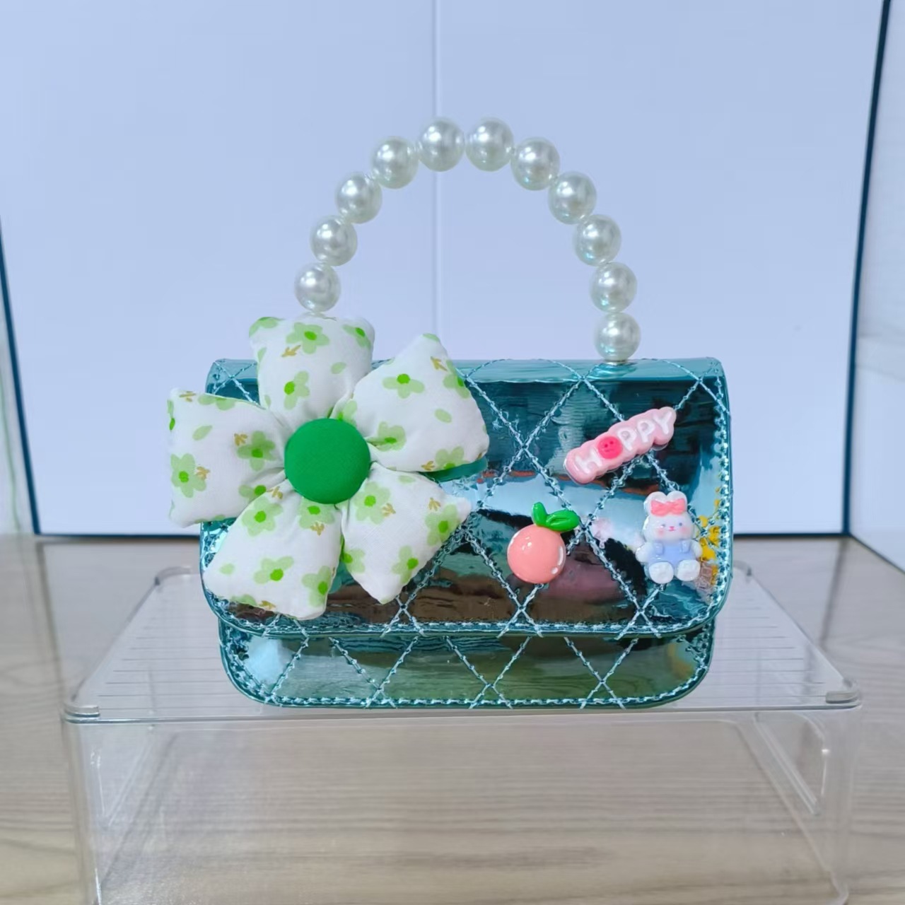 Bolso de perla para niña, bolso de mensajero, monedero para niña, flor de fragancia láser, bolso para niños, cadena, bolso cuadrado pequeño