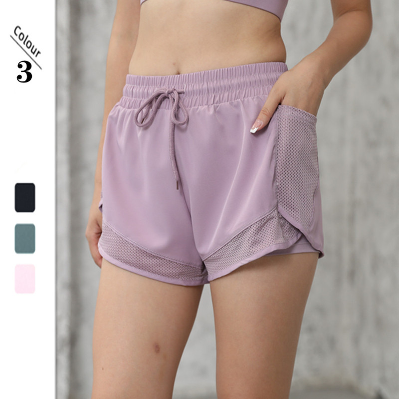 European and American Summer Drawstring Shorts Loose Fake Two-Piece Pocket Sports Pants Anti-Exposure Sports Fitness Quick-Dry Shorts for Women