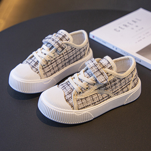 Plaid children's canvas shoes 2024 spring and autumn new style lightweight flat sneakers for boys and girls, middle and older children's student sports shoes