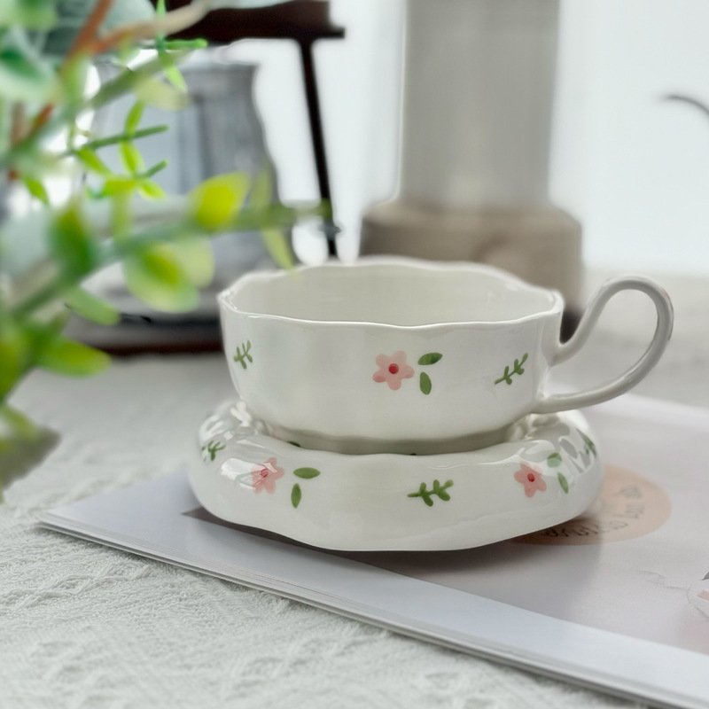 ins风手捏陶瓷咖啡杯碟 下午茶手绘碎花朵高颜值拉花拿铁水杯子|undefined