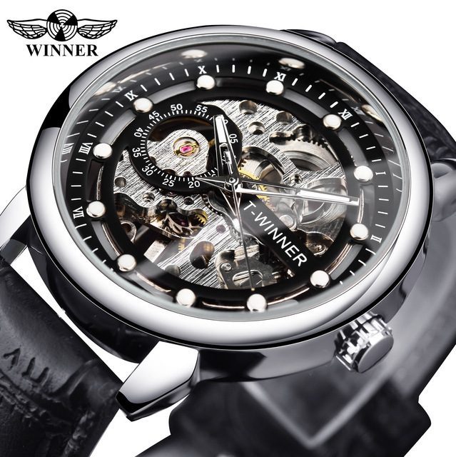 T-winner europeo y americano transfronterizo hombres reloj moda hueco transparente impermeable manual reloj mecánico entrega de una sola pieza