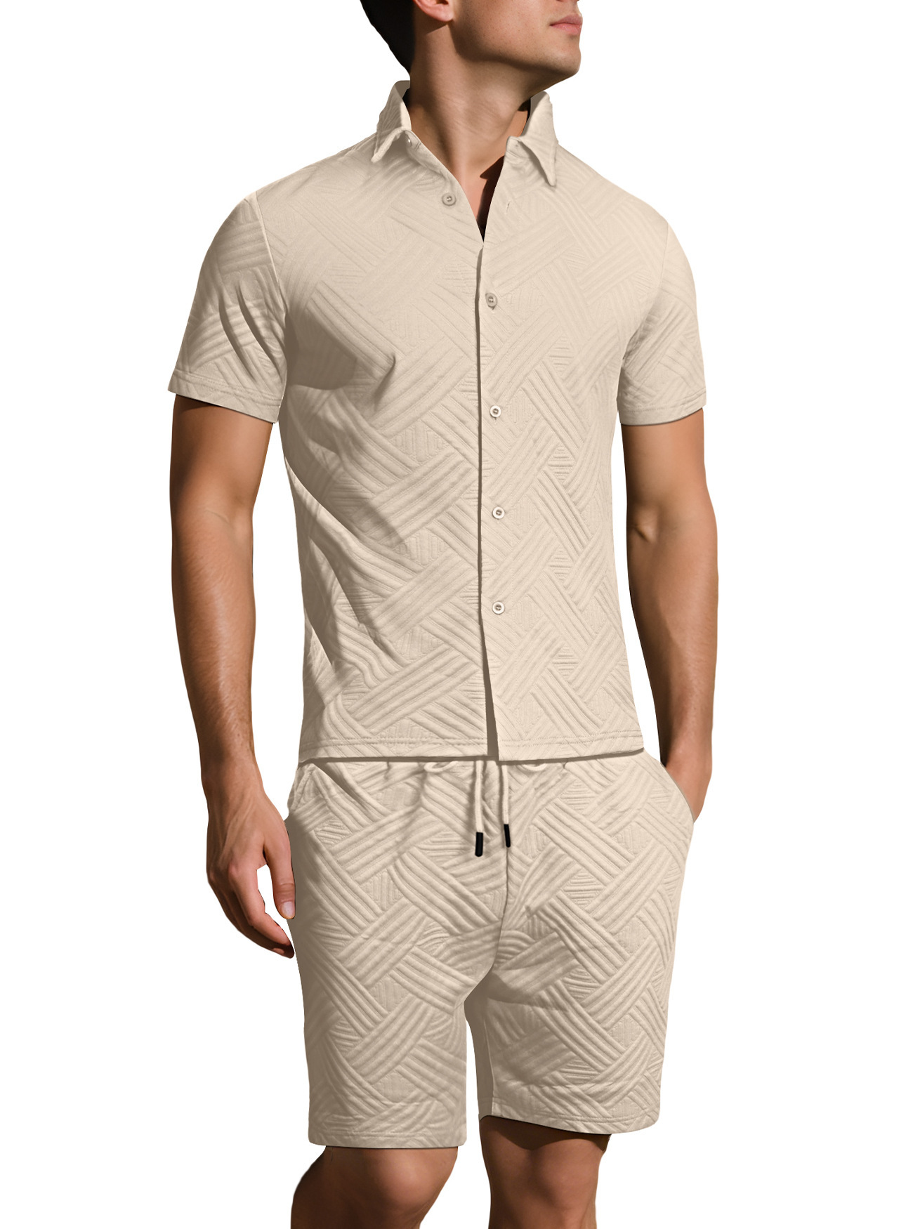 Oferta de verano transfronteriza de Amazon: Nuevo conjunto de dos piezas para hombre, camisa jacquard de color sólido y pantalones cortos casuales de manga corta.