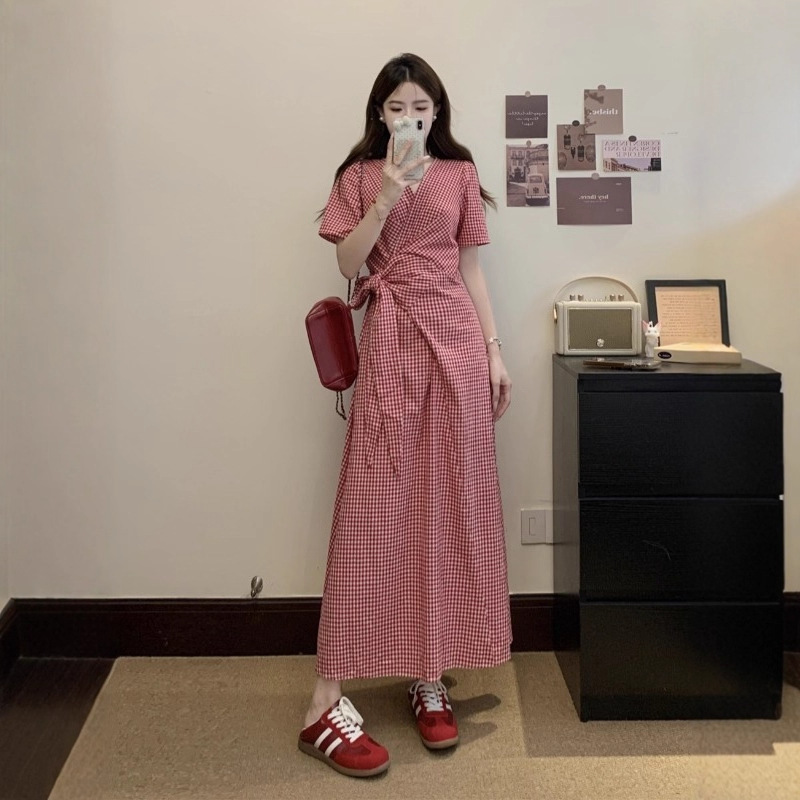 高级感气质v领红色格子连衣裙夏季大码胖mm收腰显瘦掐腰长裙子|undefined
