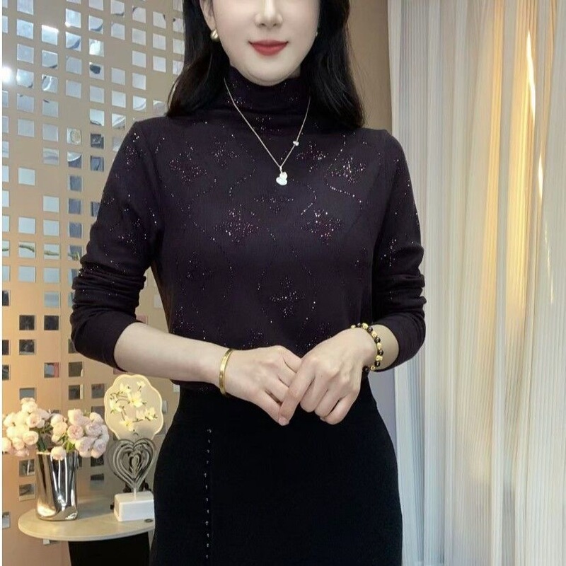 【280G Ribbed De Rong Fabric】Cross-Border Autumn and Winter New Fashion Half-High Collar Rhinestone Slimming and Age-Reducing Stylish Base Layer 【280G Ribbed De Rong Fabric】Cross-Border Autumn and Winter New Fashion Half-High Collar Rhinestone Slimming and Age-Reducing Stylish Base Layer