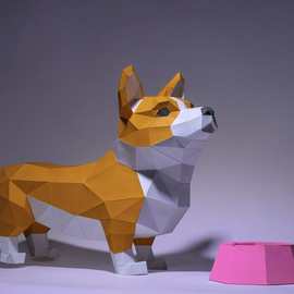 柯基 动物3d纸模型DIY手工纸模摆件玩具几何折纸立体构成