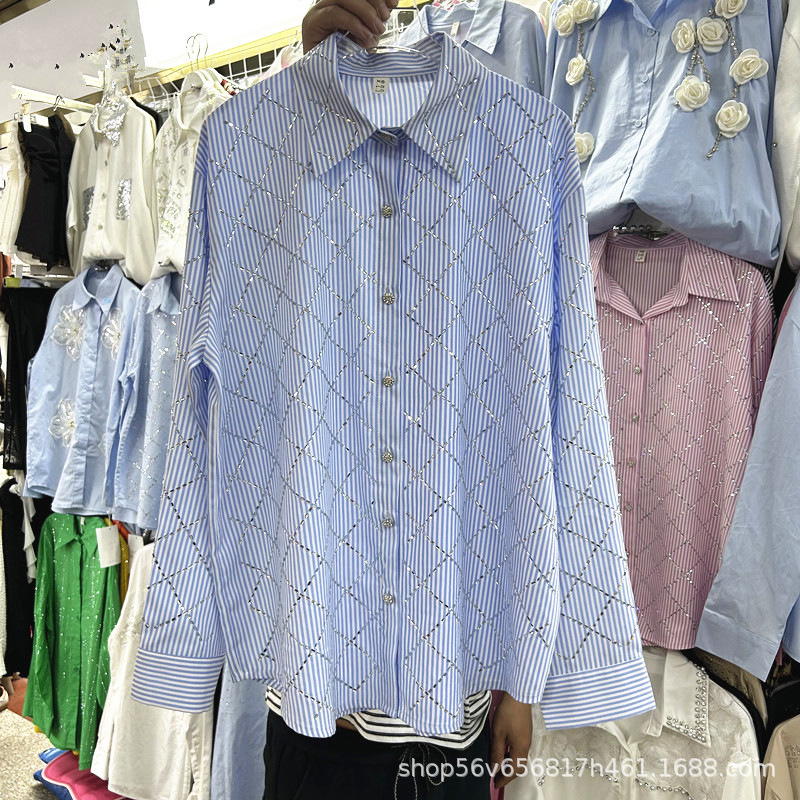 2025 Summer New Women's Clothing French Style Elegant Hot Drilling Rhombic Casual Loose Thin Long Sleeve Lapel Shirt