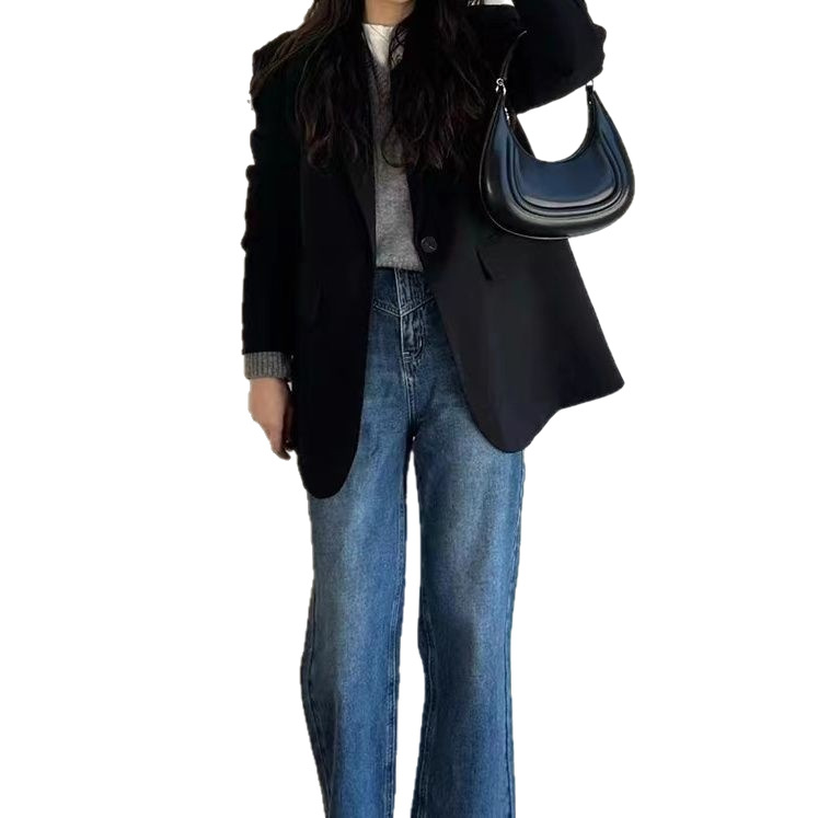 Grauer Damenblazer mit einem Knopf im Großhandel, ideal für Frühling und Herbst, koreanischer Stil, mittellang, locker geschnitten, lässig, College-Stil_voghion.com