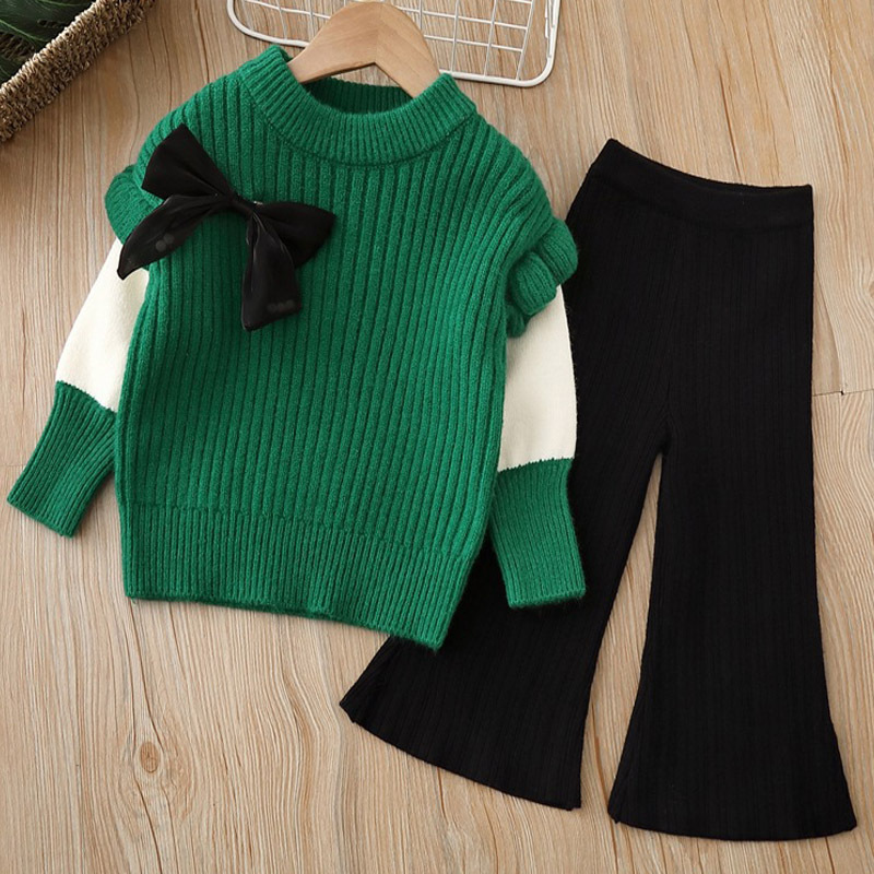 Tüdrukute kampsun 2024. aasta kevadine uus naiste aarete kootud alumise osaga särk laiade säärega püksid kaheosaline komplekt Korea laste rõivad_voghion.com