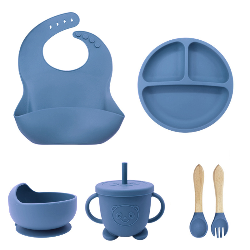 Dark blue 6-Piece Set: Bib + suction cup + bowl + straw cup + wooden fork spoon