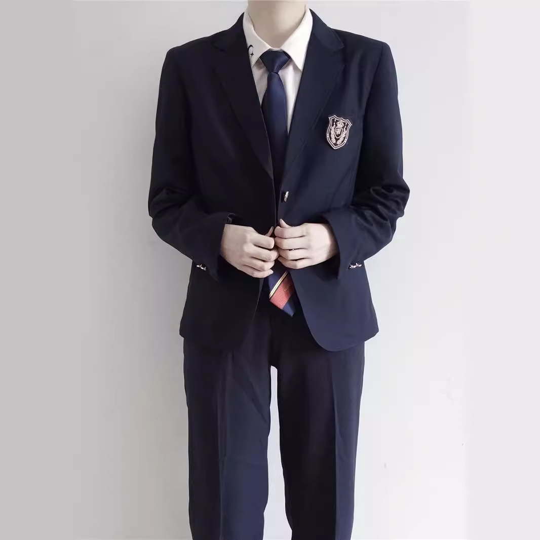 Men's white long-sleeved shirt + black tie + serge navy blue trousers + cyan two-button long suit