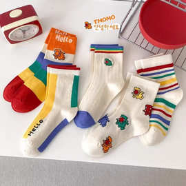 TMOMO兔默默秋冬中筒袜彩红条机器人精梳棉袜儿童袜潮袜25AW014