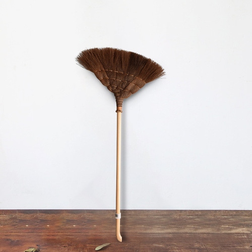 GJU8 Chinese brown wool broom, solid wood dustpan set, handmade household brown silk sweeping broom, stainless steel dustpan set