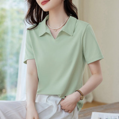 Polo襟半袖tシャツ女性夏2025新型起爆金正肩純色半袖洋気減齢痩せ上着