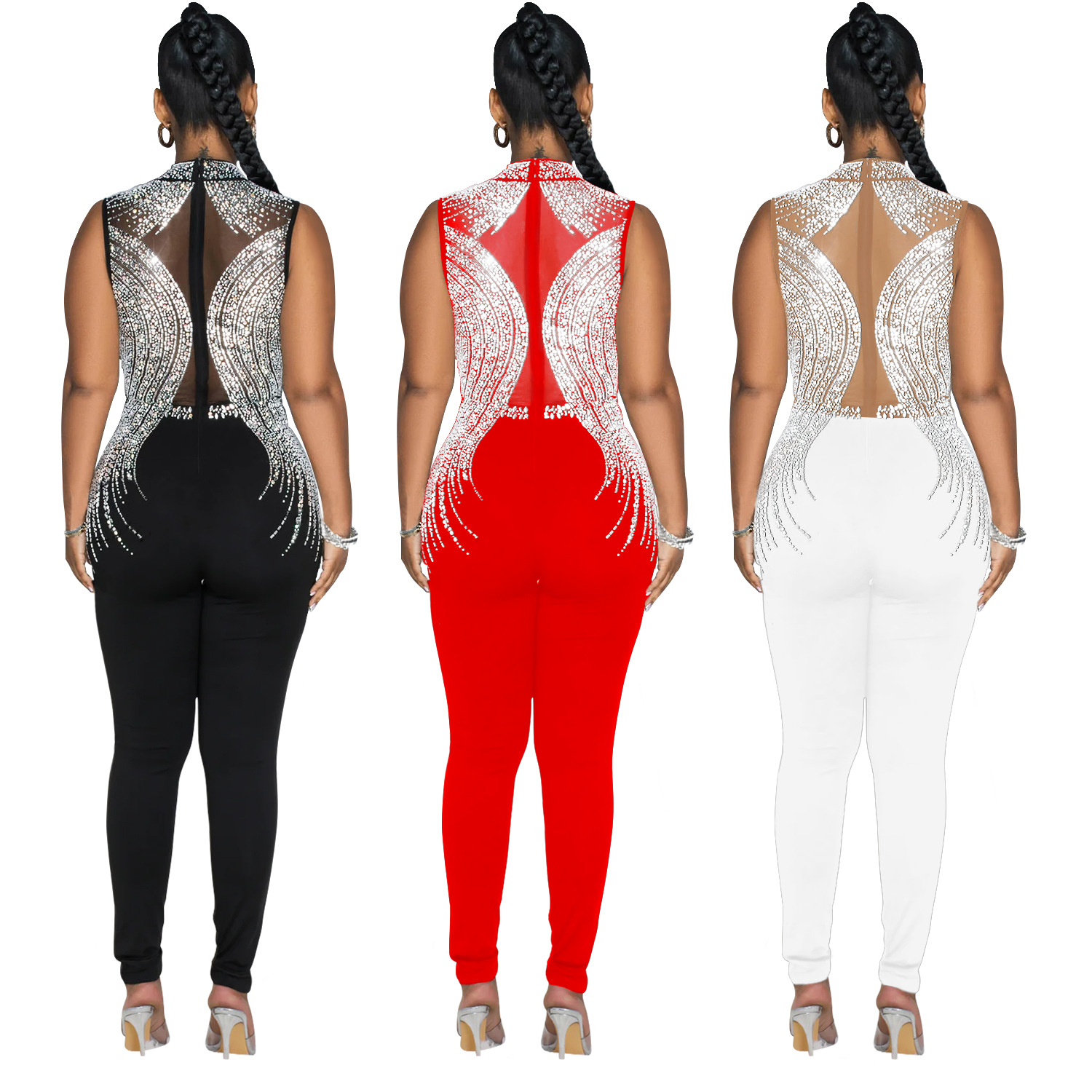 C6931 Aliexpress transfronterizo Amazon Europa y América ropa de moda de mujer de color sólido malla de diamante pantalones sin mangas