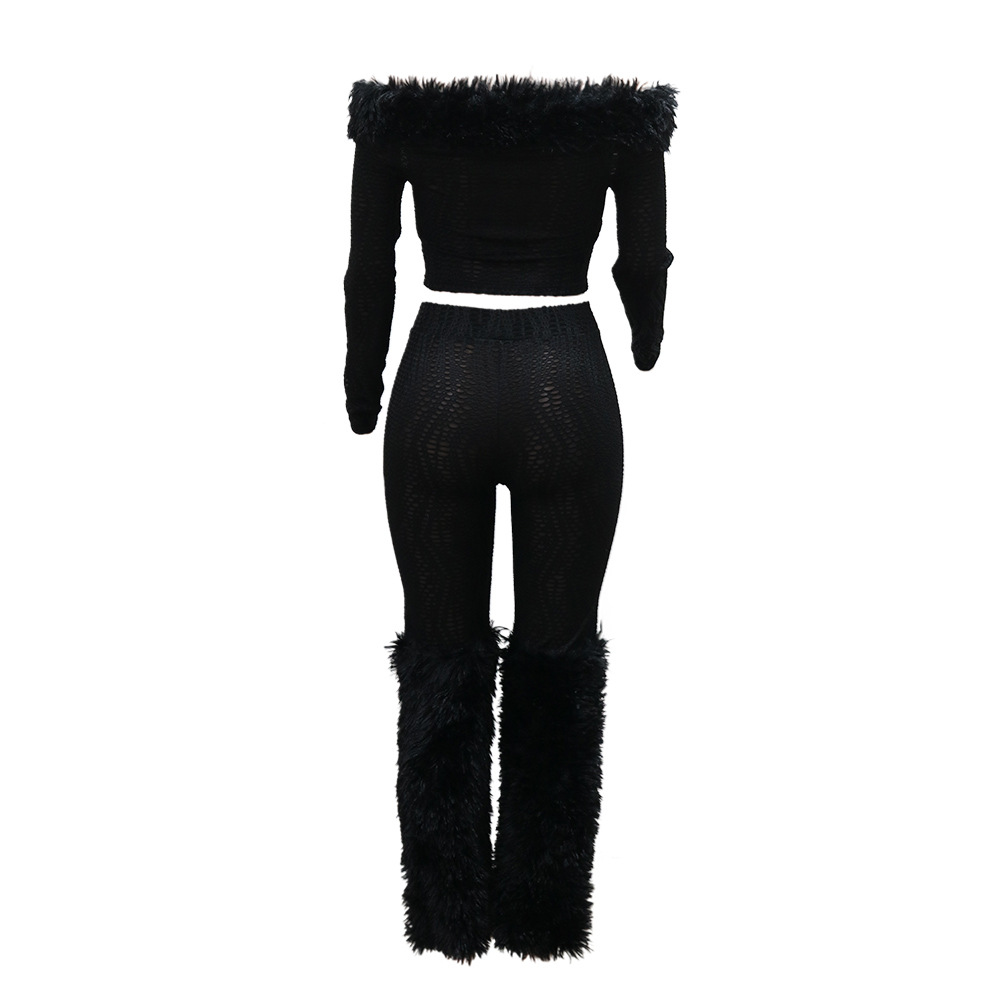 Women Long Sleeved off Shoulder Top Slim Trousers Furry Two Piece Set