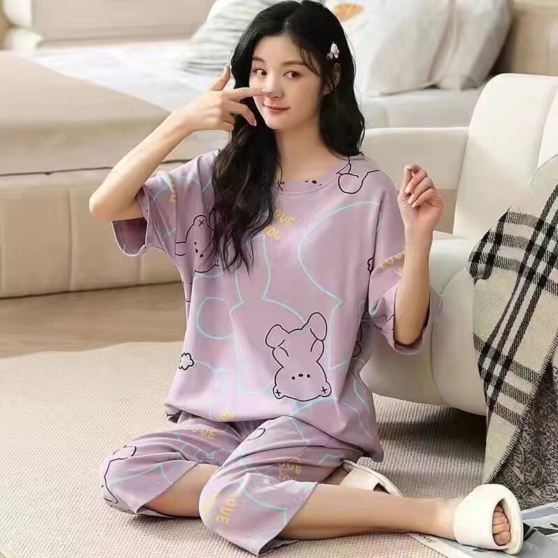 in stock store wholesale summer new pajamas women's short sleeve cropped pants plus size loose sweet home clothing suit