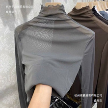 厂家厂家直销大码女装百搭网纱蕾丝打底衫胖mm长袖边高领内搭微透
