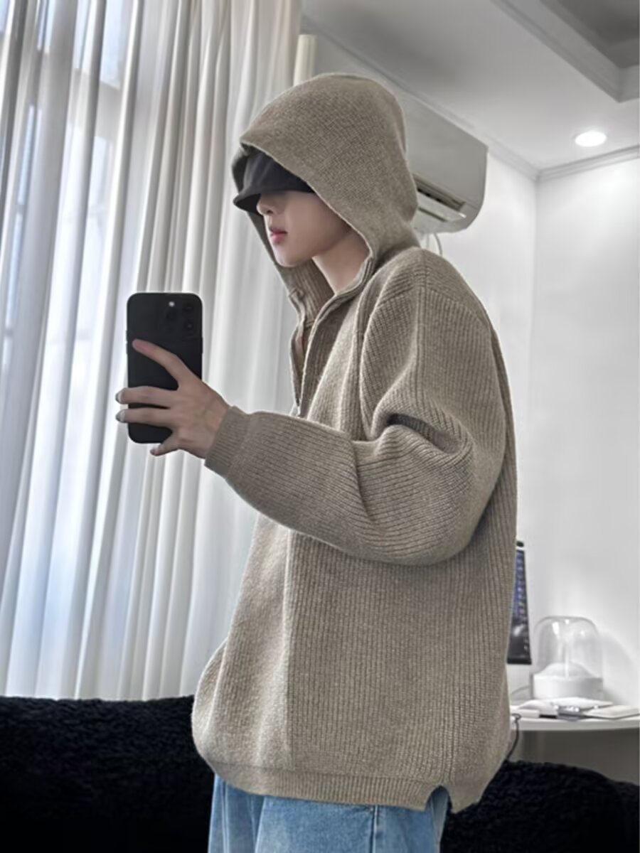 カーキ色cleanfitニットフード付きパーカー男性秋冬半ファスナー底シャツ怠惰風高級感セーター