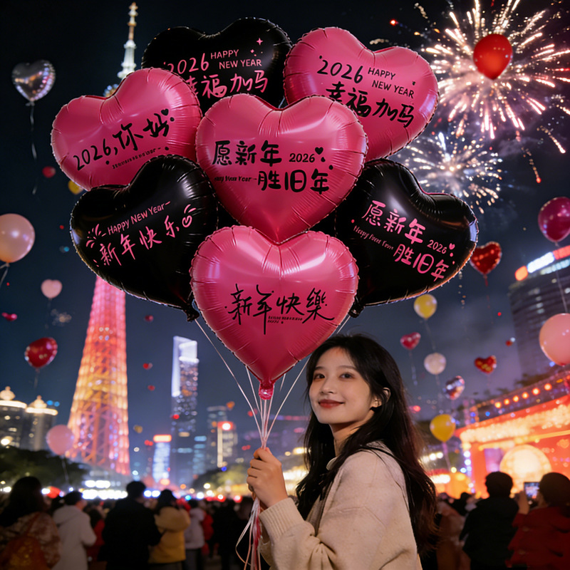 New Year's Eve Night 18inch Love Aluminum Film Balloon Floating in the Air Helium 2026 Happy New Year Printed Stall Helium Balloon