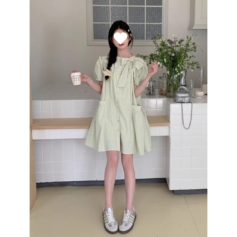 可爱减龄绿色条纹连衣裙女夏2025新款小个子a字裙娃娃裙森系爆款|undefined