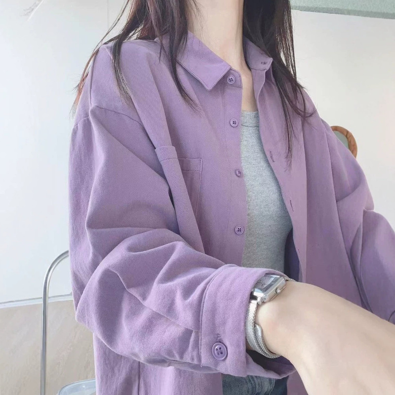 Women's long-sleeve shirt dopamine style top, loose fit, hides body fat, versatile, slimming, pure cotton shirt, can be worn as a cardigan, ins style Women's long-sleeve shirt dopamine style top, loose fit, hides body fat, versatile, slimming, pure cotton shirt, can be worn as a cardigan, ins style