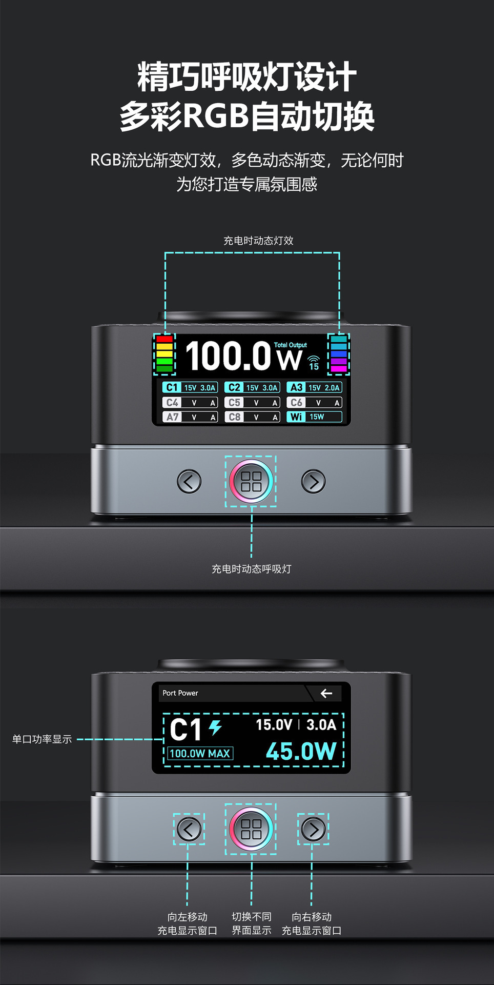 680W Çok Fonksiyonlu Gallium Nitride Masaüstü Şarj İstasyonu 15W Kablosuz Şarjlı Çoklu USB Hızlı Şarj Tam Protokol