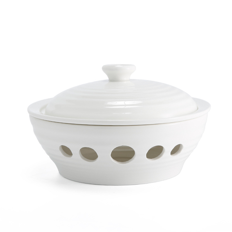 Threaded Ceramic Dry Pot with Lid Three-piece Set Private Cuisine Candle Heating Food Warm Stove Hotel Club Large Sea Cucumber Cup