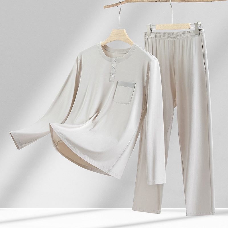 Pijamas de hombre de otoño e invierno de modal de algodón ligero de lujo traje casual de manga larga estilo fino de color puro se puede usar fuera de la ropa del hogar