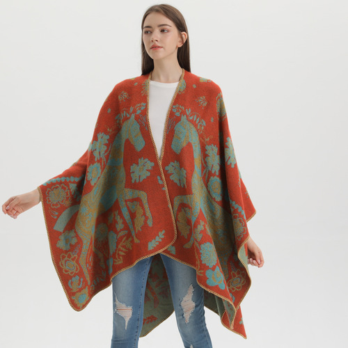 Cross-border foreign trade shawl for women, four seasons wear, faux cashmere split cloak, plus knitted outerwear, Amazon wholesale