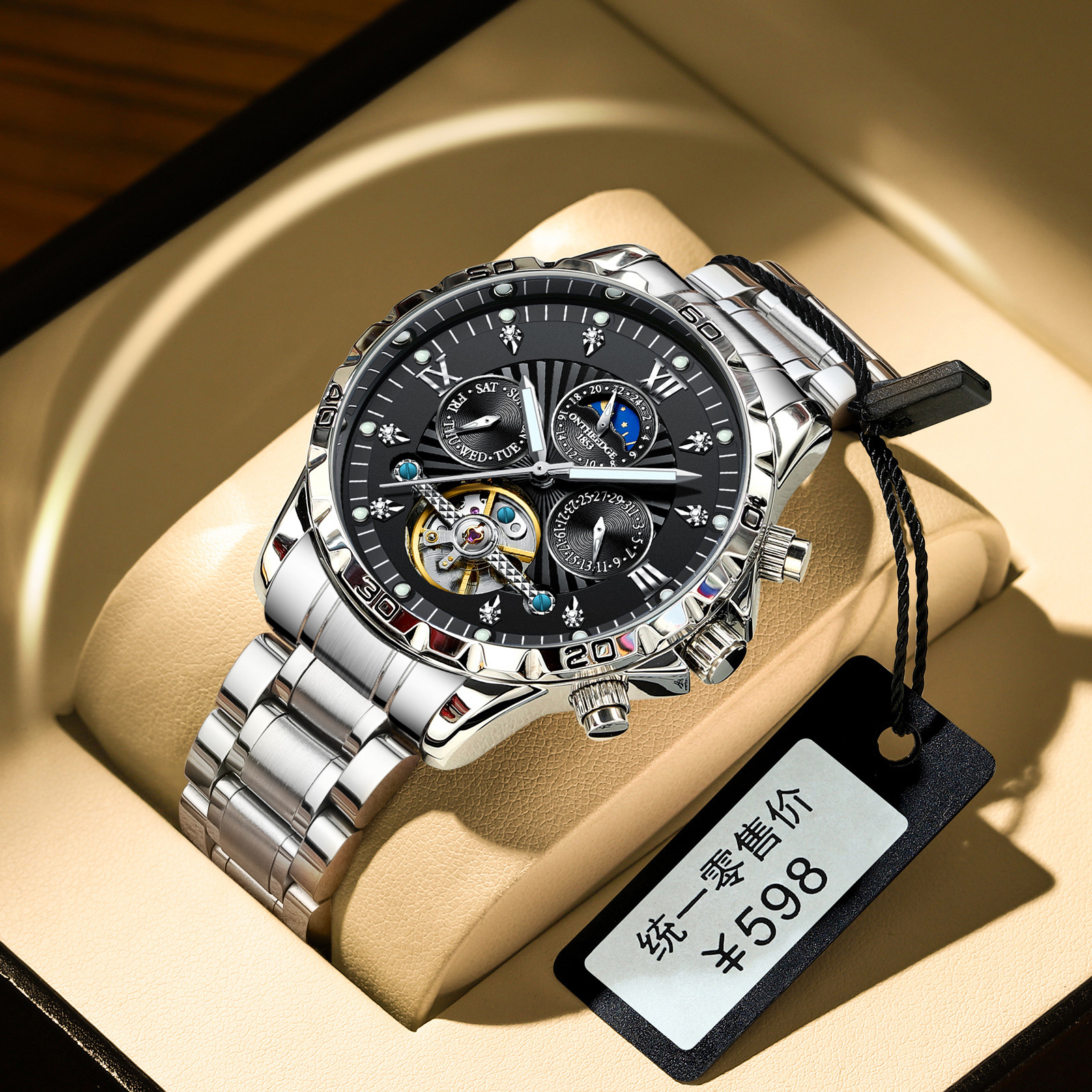 Fully Automatic Mechanical Watch with Hollow Tourbillon, Business Men's Watch, Luminous, Waterproof, Fashionable Hot-Selling Brand-Name Steel Band