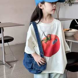儿童韩系松弛感短袖T恤女童番茄印花宽松落肩款夏季百搭上衣批发