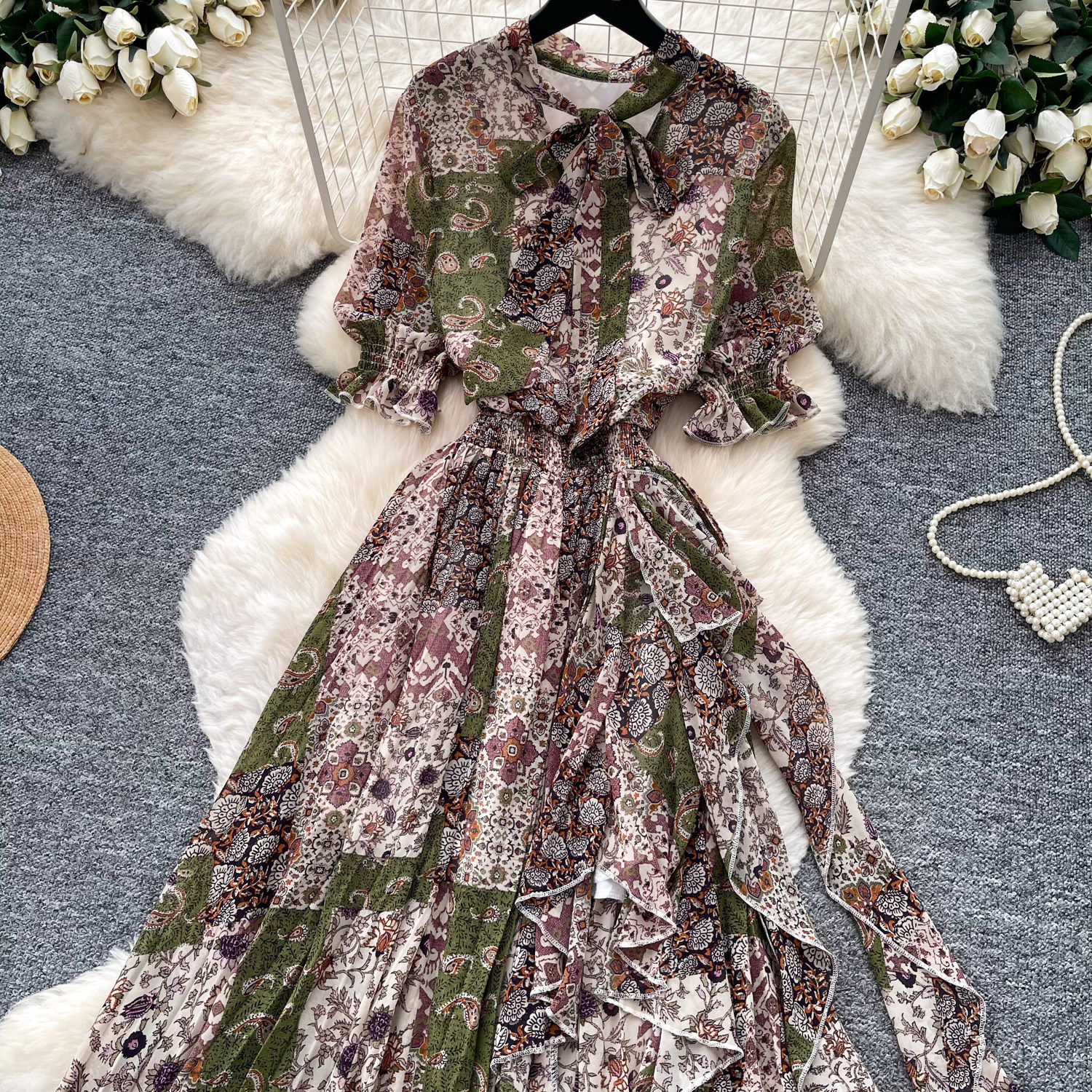 Retro Printed Dress Short Sleeved a Line Skirt Long Slimming Elegant Summer Women's Clothing_ecoleips.com