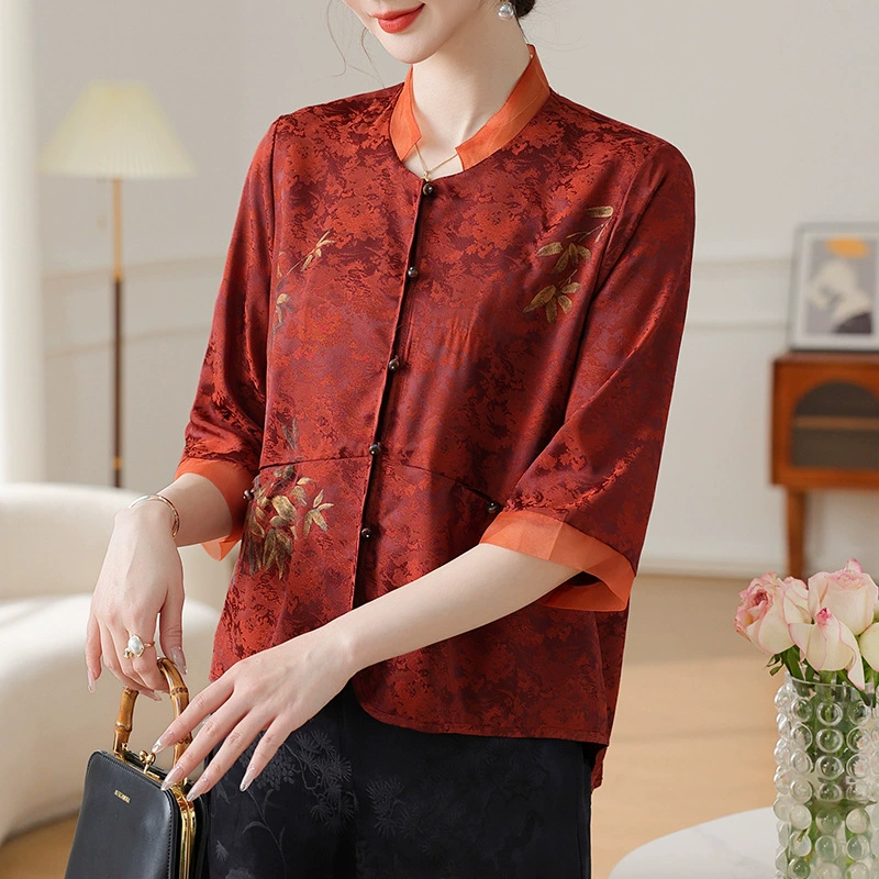2025 новый китайский стиль с семикратным рукавом, имитация шелковой топы, ароматная облачная пряжа, вертикальный воротник, маленькая рубашка с короткими рукавами, мама летом