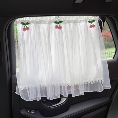 Car Window Sunshade Curtain, Sun Car curtains - suction-cup-style-pink-cherry-corn-grid-double-layer-curtain-white
