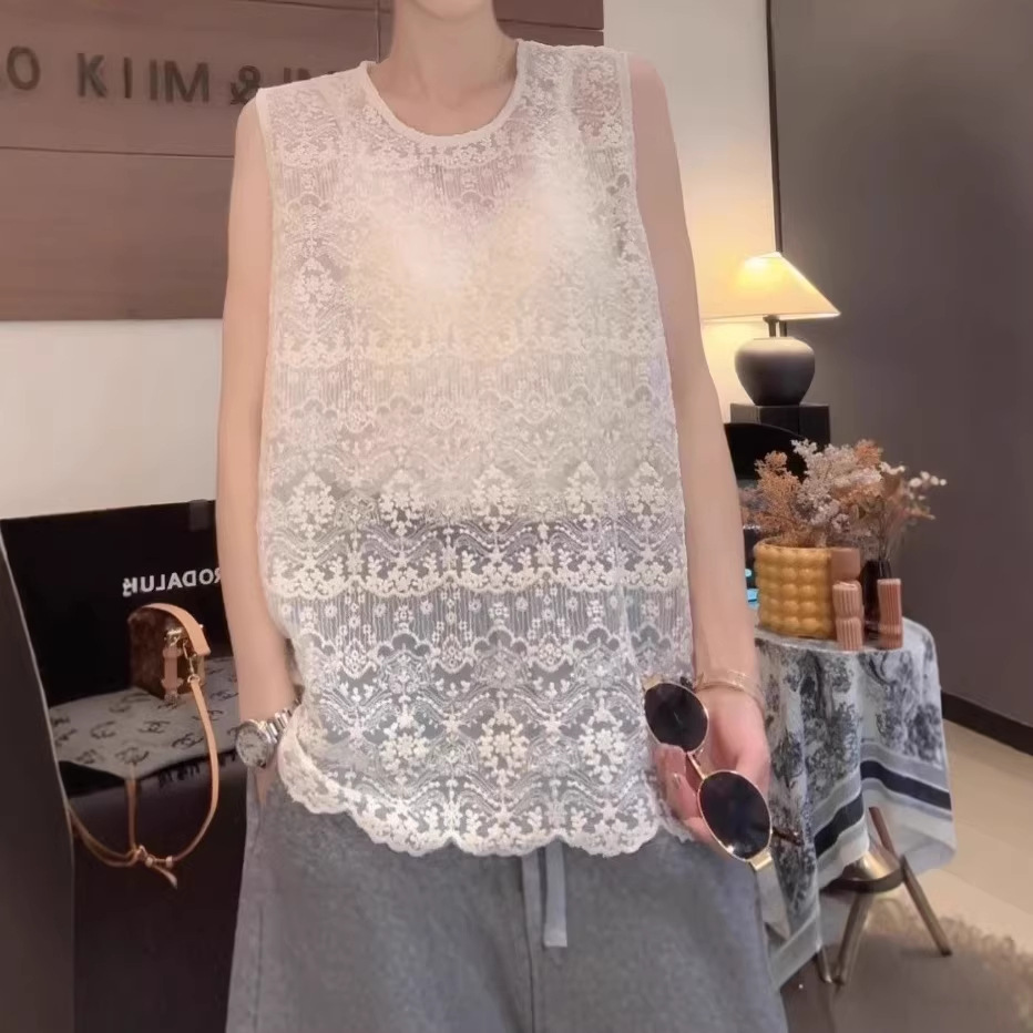 【Light Luxury Fashion】New Slimming European Style Versatile Round Neck Lace Sleeveless Mid-Length Tank Top