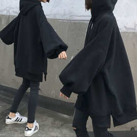 胖2-300斤大码遮臂中长款加绒女装炸街慵懒连帽卫衣长袖外套