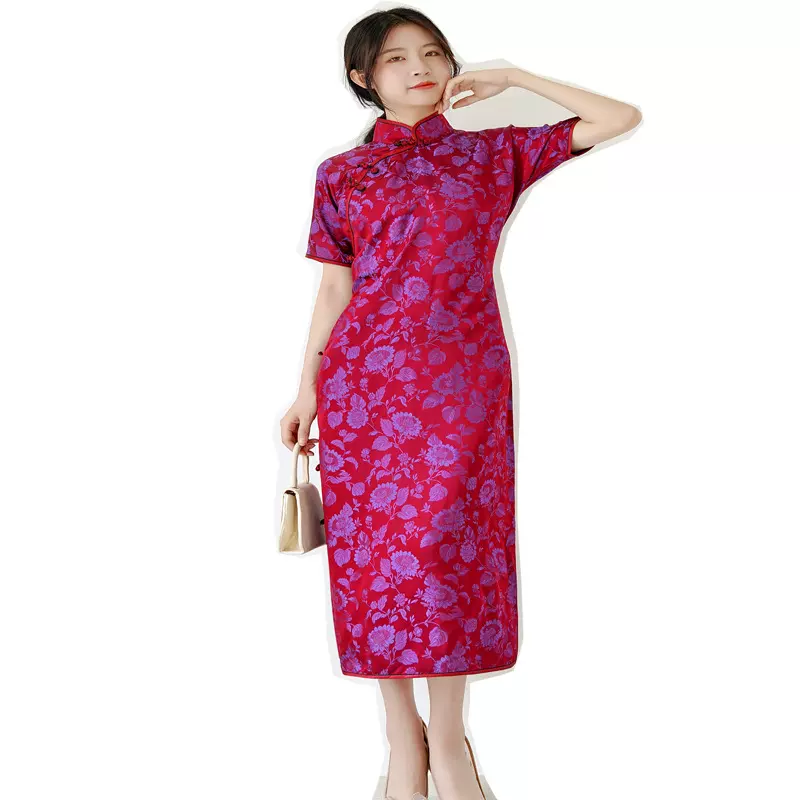 春夏休闲印花滚双色边仿手工盘扣改良中国风民国复古旗袍