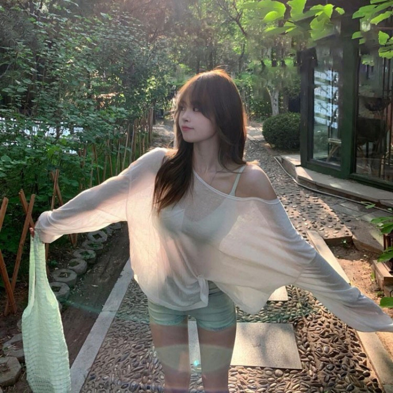 Sun Protection Clothes for Women Summer Sexy Swimsuit Cover-Up Loose Anti-Uv Ice Silk Thin Long-Sleeved T-Shirt Ins Top