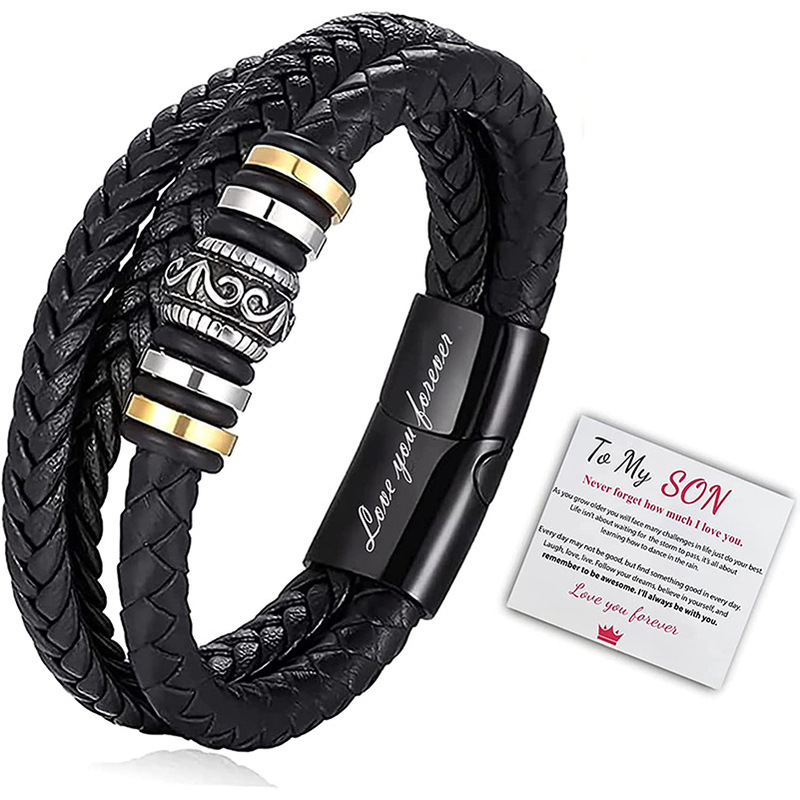 Xinghe Cross-Border Stainless Steel Multi-Layer Braided Leather Rope Bracelet Men's Fashion Leather Bracelet Engraving Gift Set