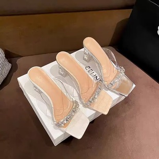 PVC Transparent Crystal High Heels Sexy Rhinestone Sandals Thick Heel Beautiful Fairy Style Dress Sandals for Outer Wear