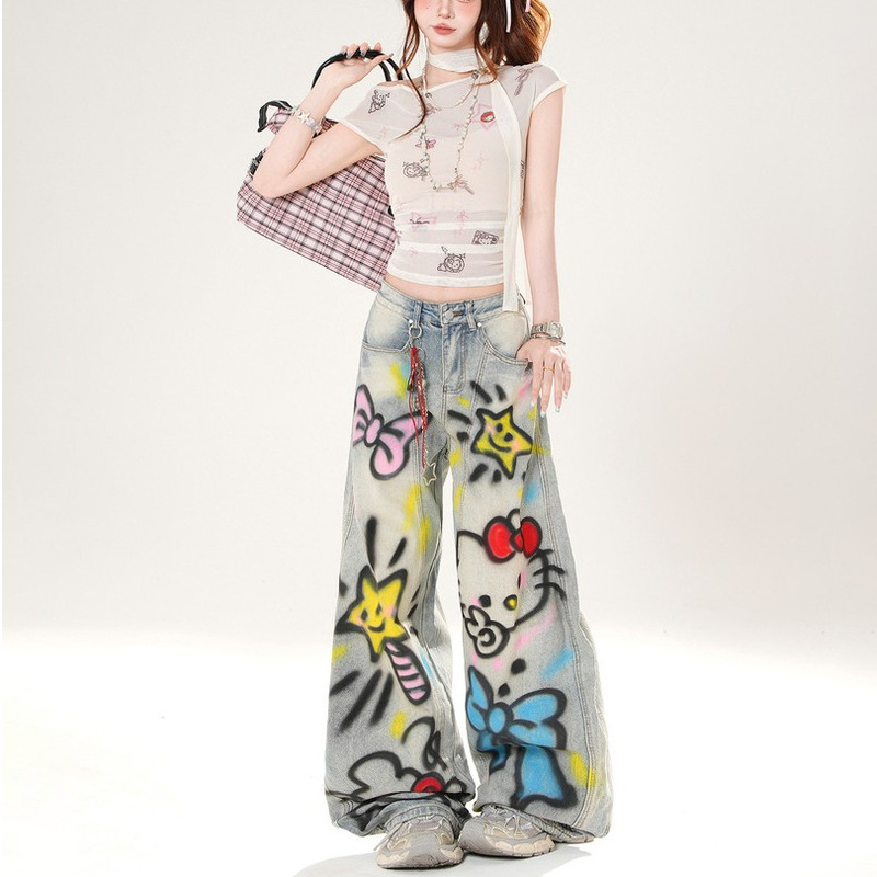 Cross-Border Trade Large Size American Retro Graffiti Print Jeans for Women 2025 New Hot Girl Loose Slimming Straight Leg