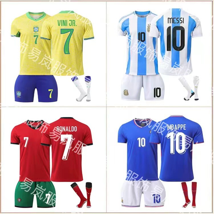 Wholesale Portugal No. 7 Ronaldo Brazil No. 10 Neymar France No. 10 Mbappe Argentina jersey football suit