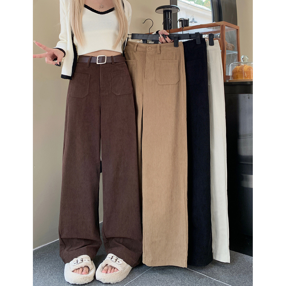 2025 nuevos pantalones rectos de terciopelo delgados pantalones gruesos variados de color curry casual pantalones de piernas de mujer